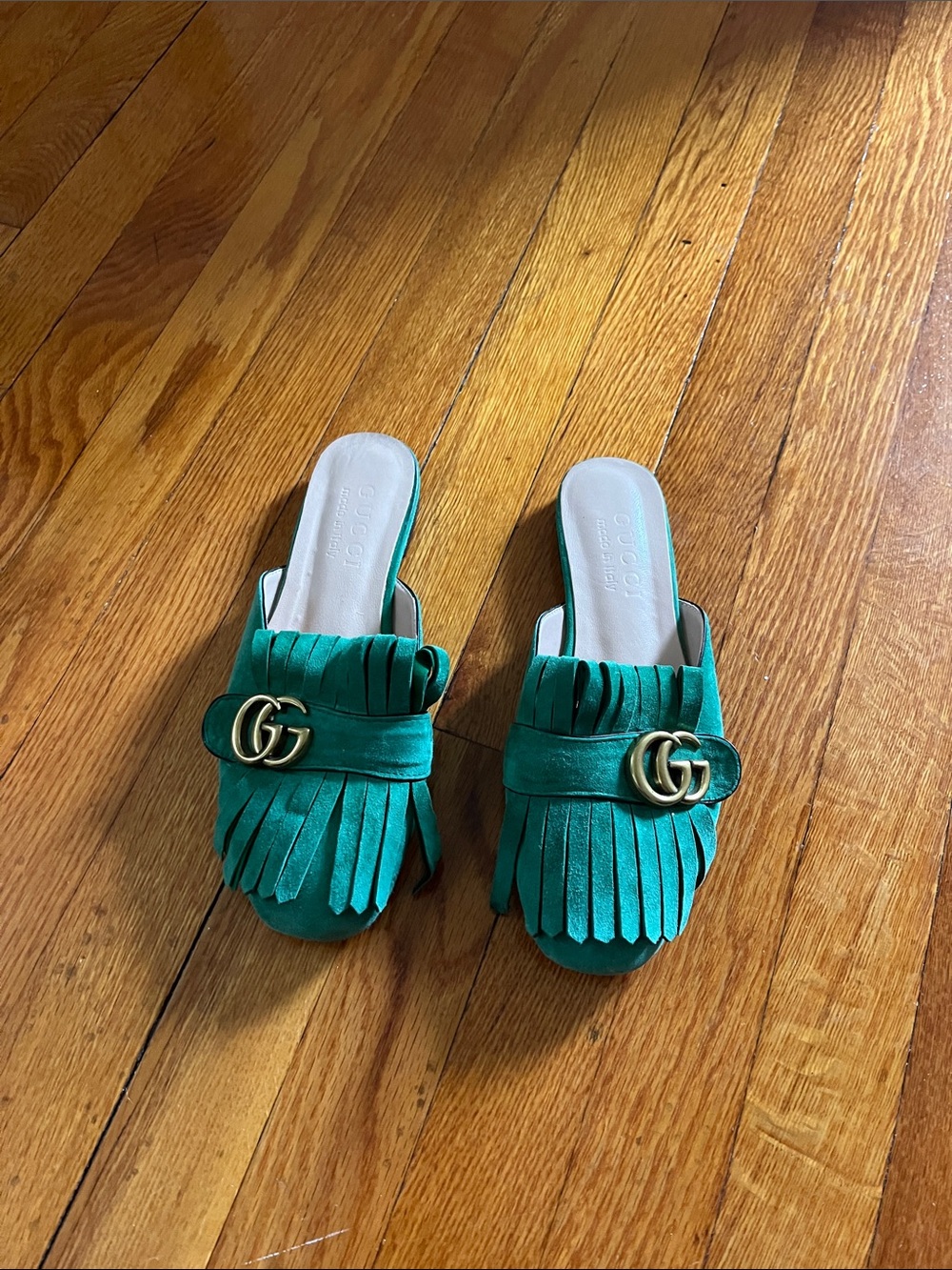 Gucci Emerald Green Suede Fringe Marymount Slip-On Mules with Gold Double G